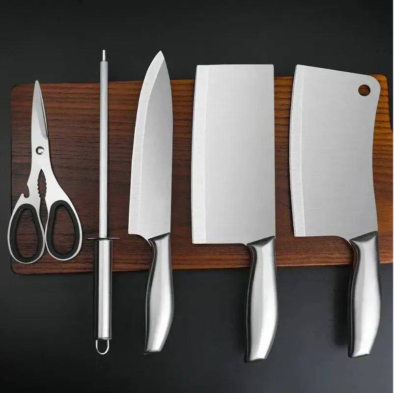 Stainless Steel Kitchen Knives Set - Precision Cutting laid out with scissors and sharpening rod on a wooden board, highlighting sleek, durable design.