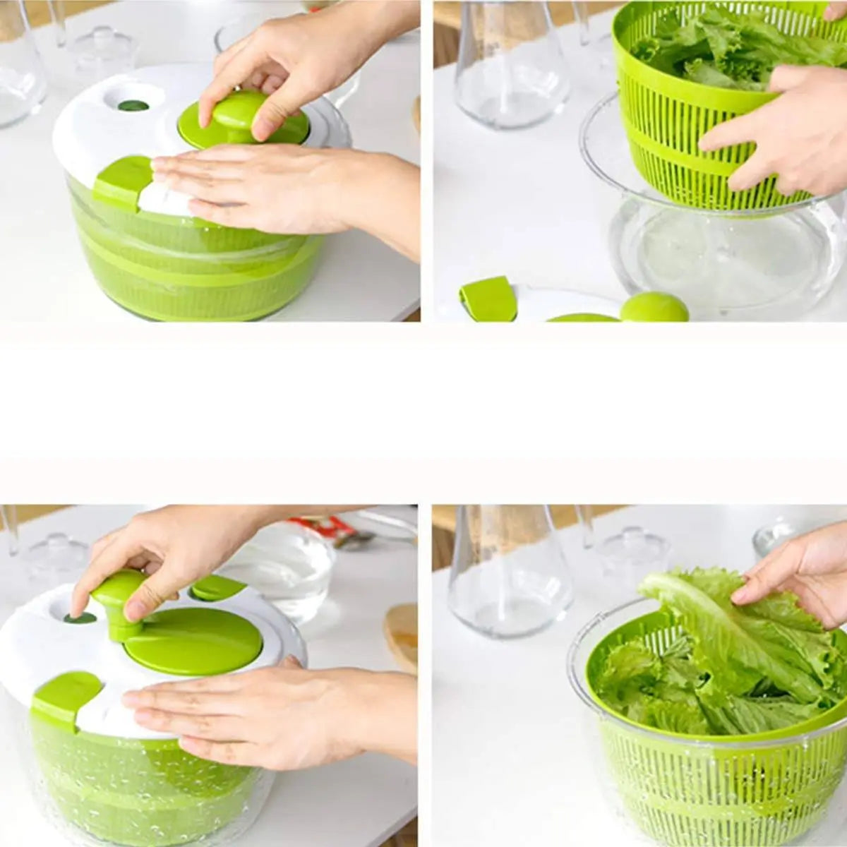 Manual Vegetable Salad Spinner - Compact, Durable | Buy Now, step-by-step usage showing washing, spinning, and drying fresh lettuce leaves.