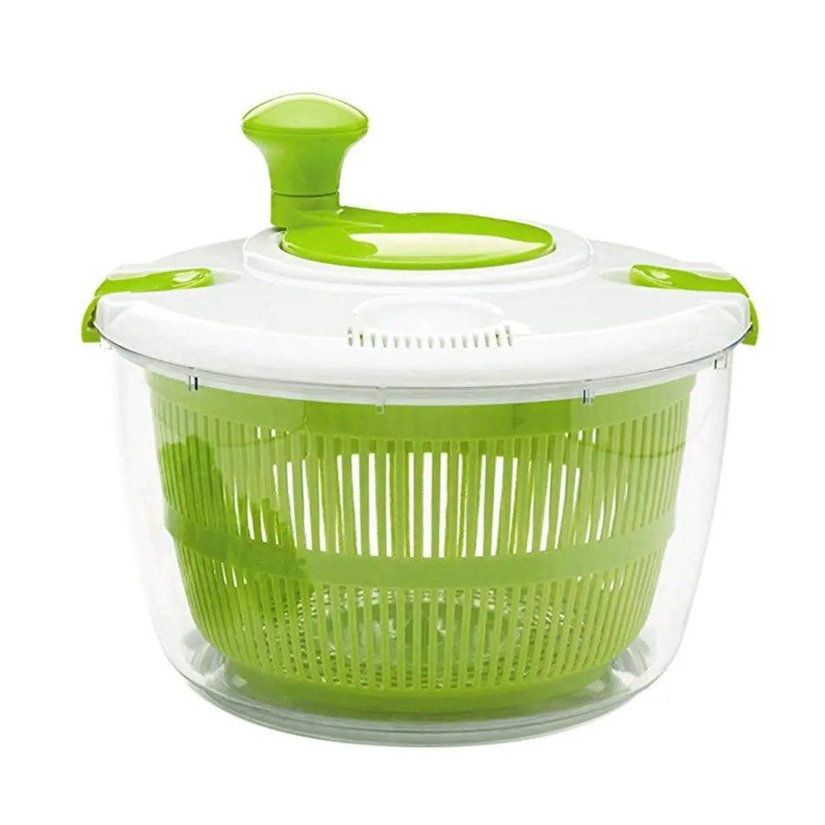 Manual Vegetable Salad Spinner - Compact, Durable | Buy Now, standalone view of the green and white spinner with transparent bowl and basket.