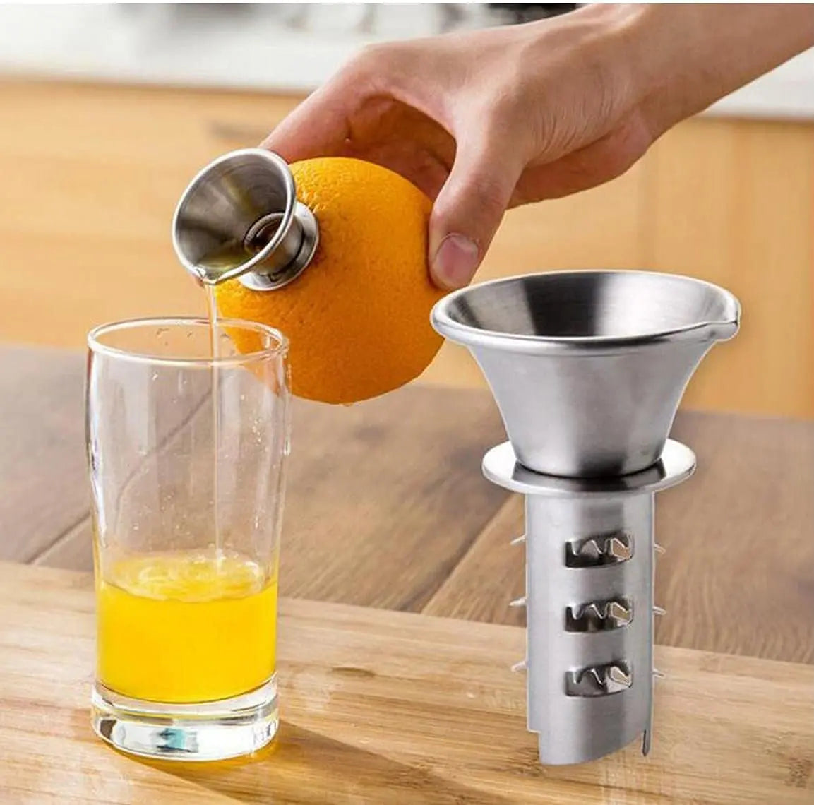 Handheld Lemon Squeezer - Easy Juicing | Durable Design shown extracting fresh orange juice directly into a glass, perfect for mess-free citrus juicing.