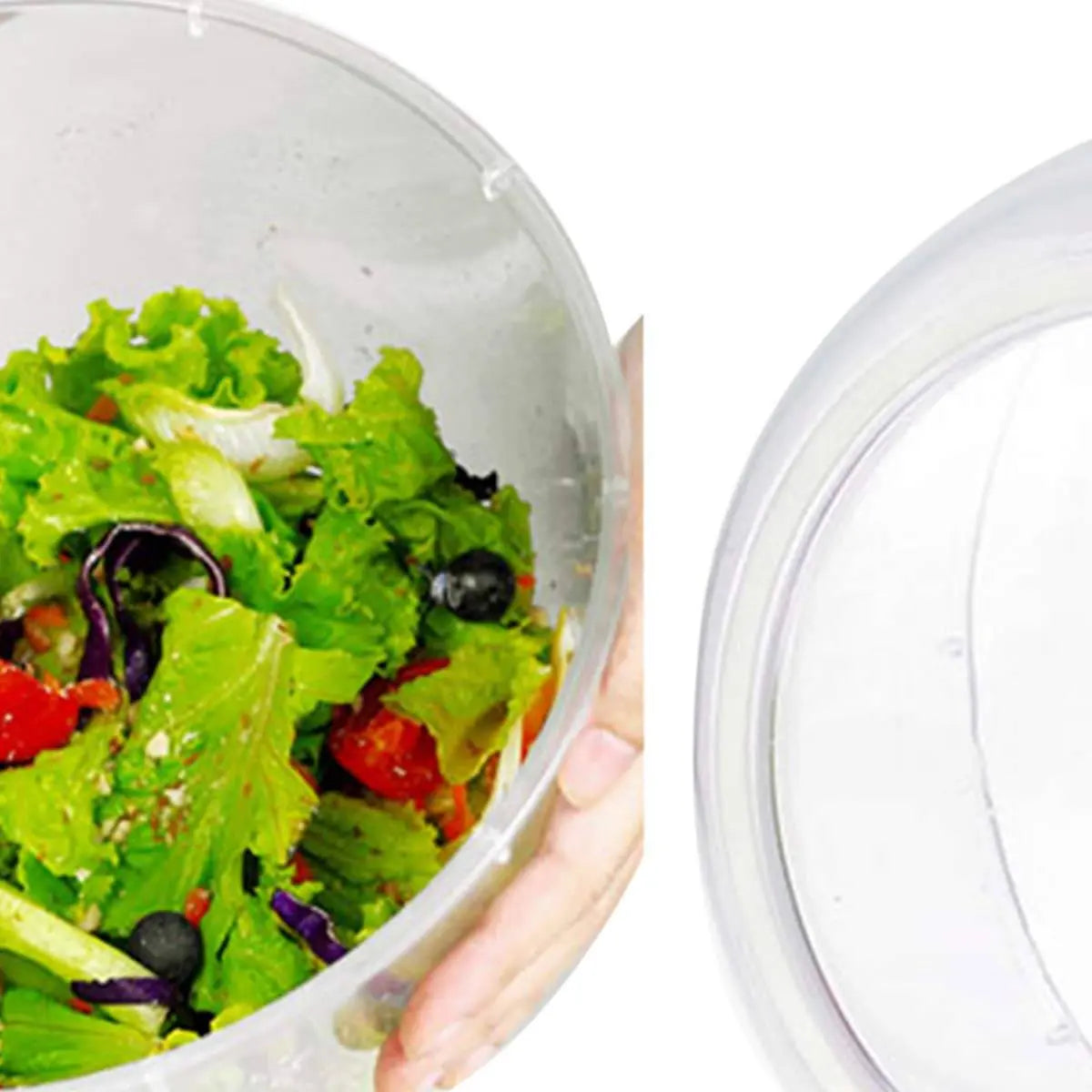 Manual Vegetable Salad Spinner - Compact, Durable | Buy Now, showing a clear bowl with mixed greens and a close-up of the transparent lid.