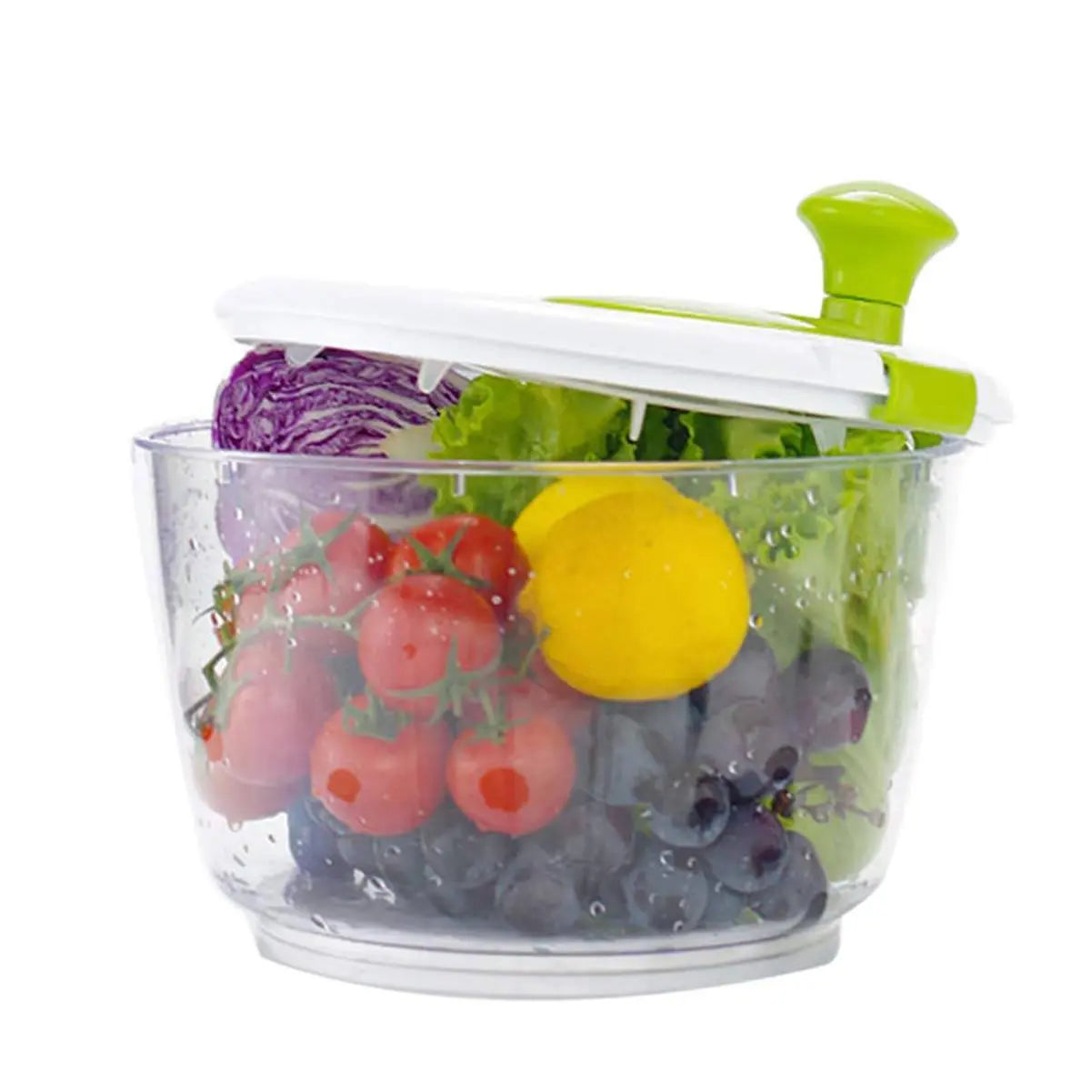 Manual Vegetable Salad Spinner - Compact, Durable | Buy Now, filled with fresh tomatoes, lemon, grapes, and leafy greens inside the clear bowl.