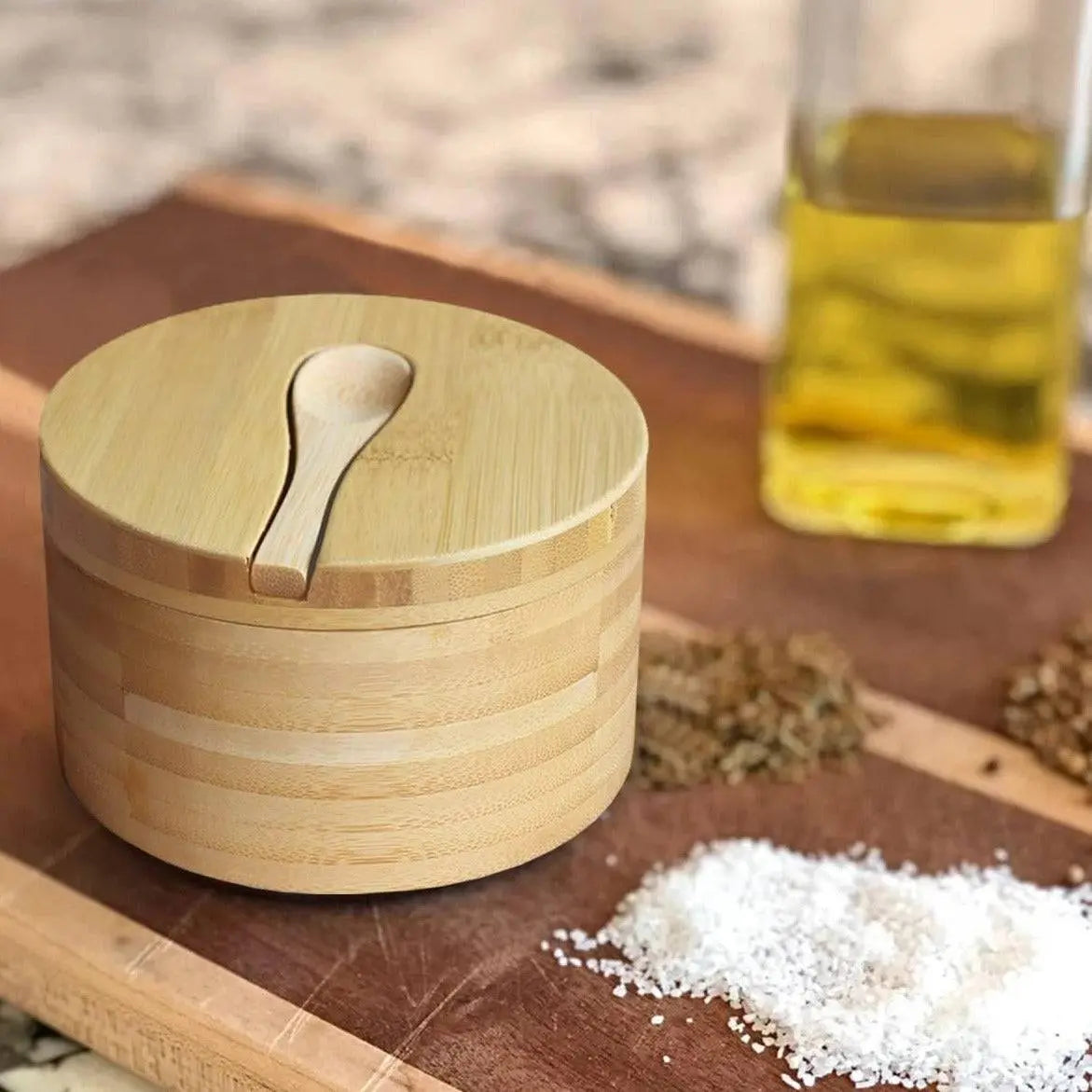 Bamboo Spice Container with Magnetic Lid and Spoon on kitchen counter, ideal for space-saving kitchen organization.