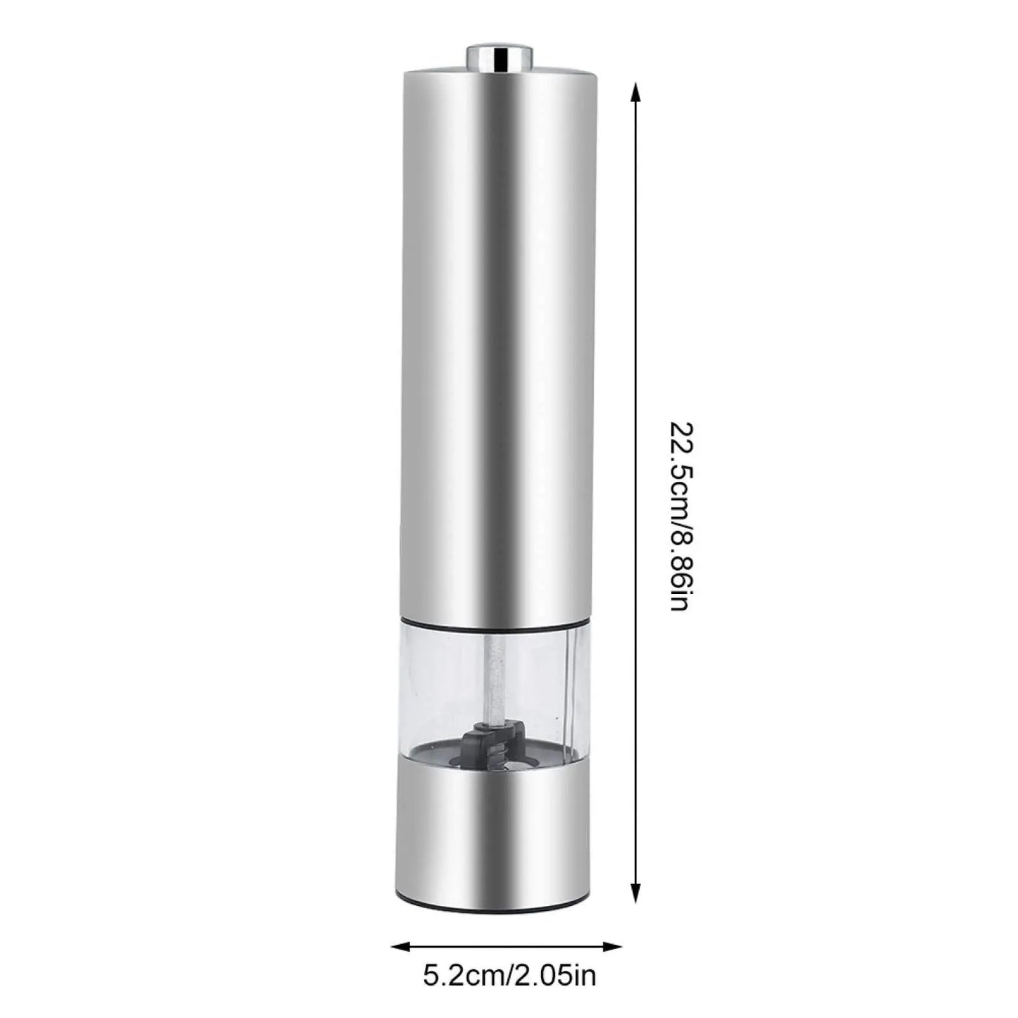 Electric Grinder for Salt & Pepper with dimensions 22.5cm height and 5.2cm width, featuring stainless steel body and adjustable coarseness.