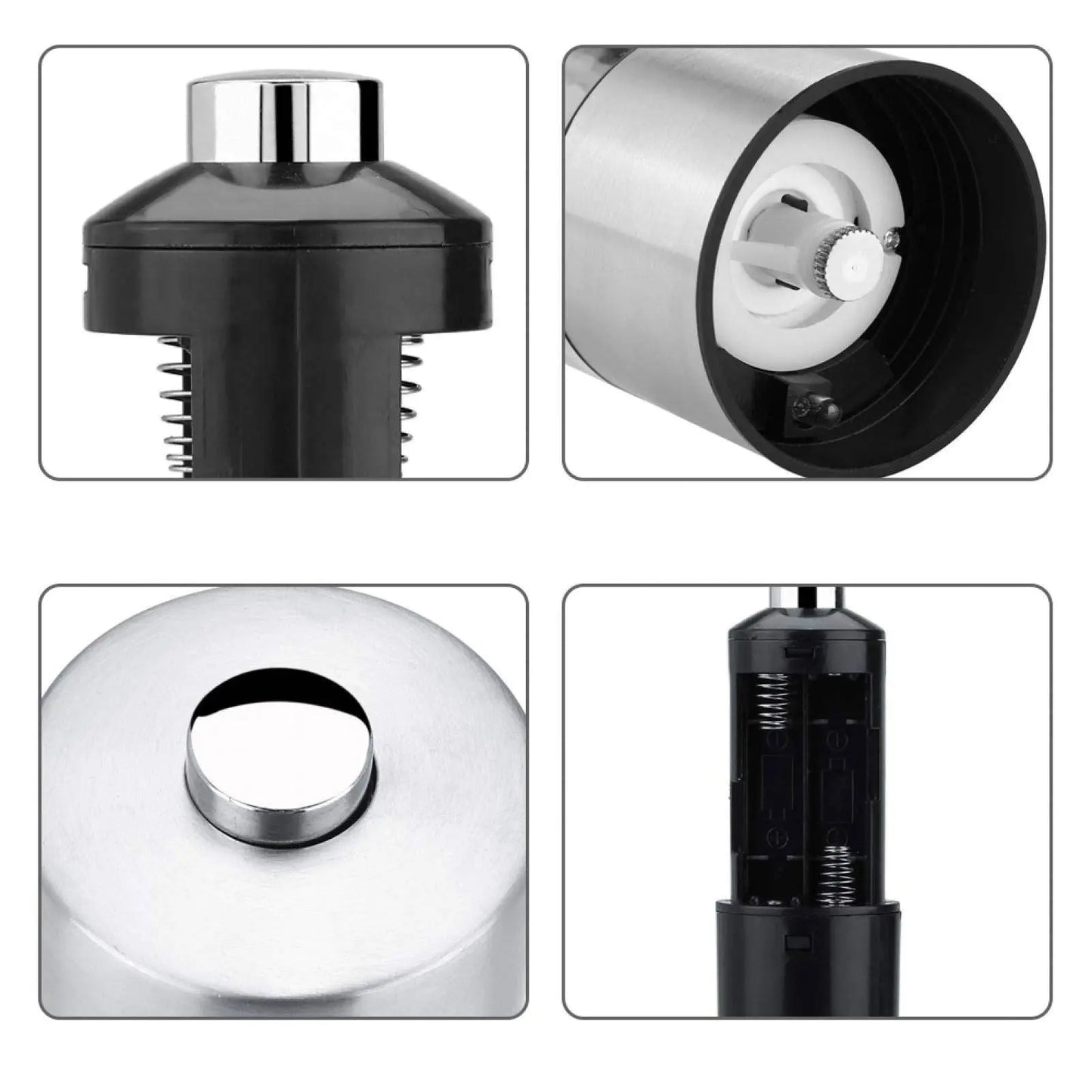 Close-up of Electric Grinder for Salt & Pepper parts, displaying the internal grinding mechanism and battery compartment for easy maintenance.