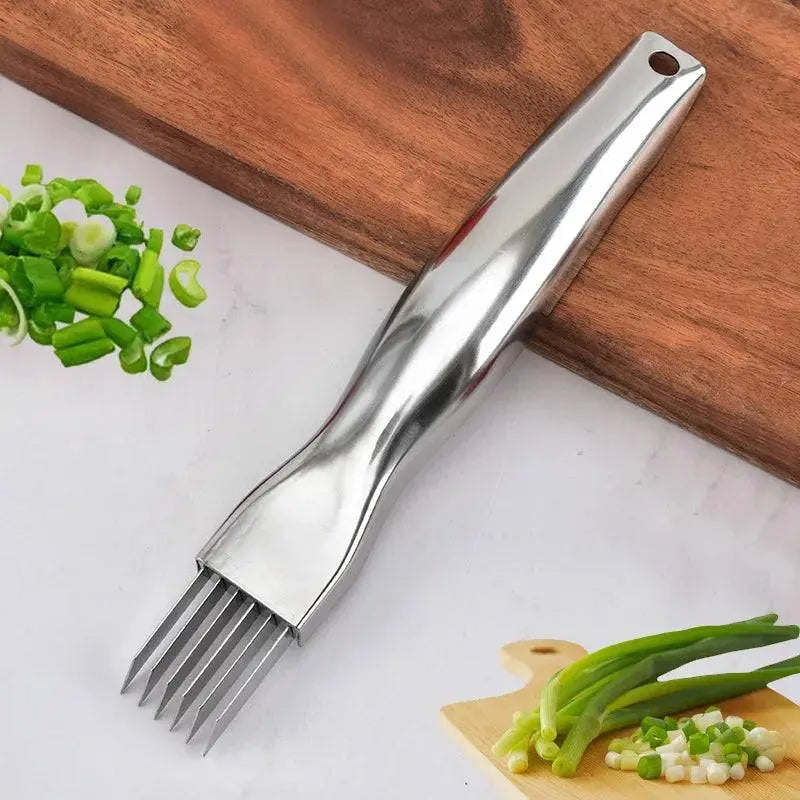 Stainless Steel Onion Cutter - Precision Grater | Quick Meal Prep tool displayed on a kitchen counter with chopped green onions and cutting boards.