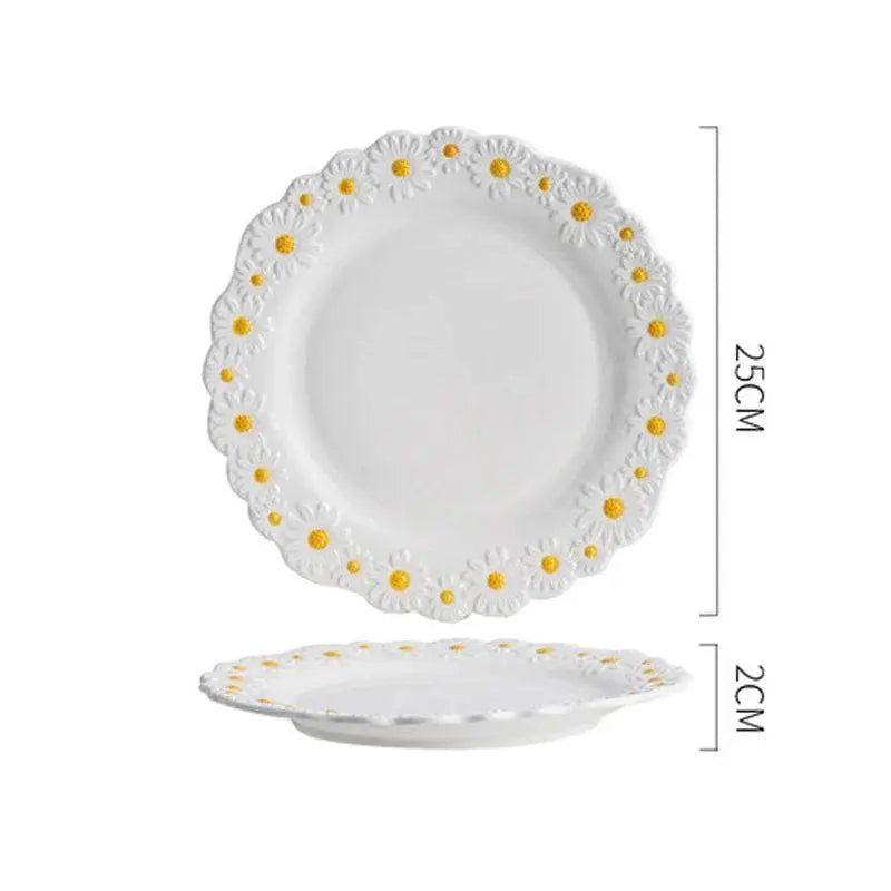 Large 25cm plate from the Ceramic Embossed Little Daisy Plate Dinner Set with detailed measurements, ideal for stylish and durable dining experiences.
