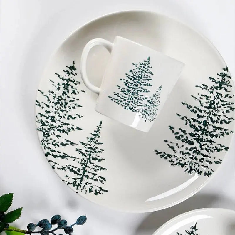 Simple Style Ceramic Dining Plate and Mug featuring elegant tree designs, perfect for festive tableware collections and seasonal dining.