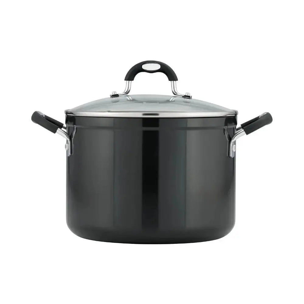 Front view of Tramontina 8 Qt Non-Stick Stock Pot with lid, emphasizing its stylish design and spacious cooking capacity.