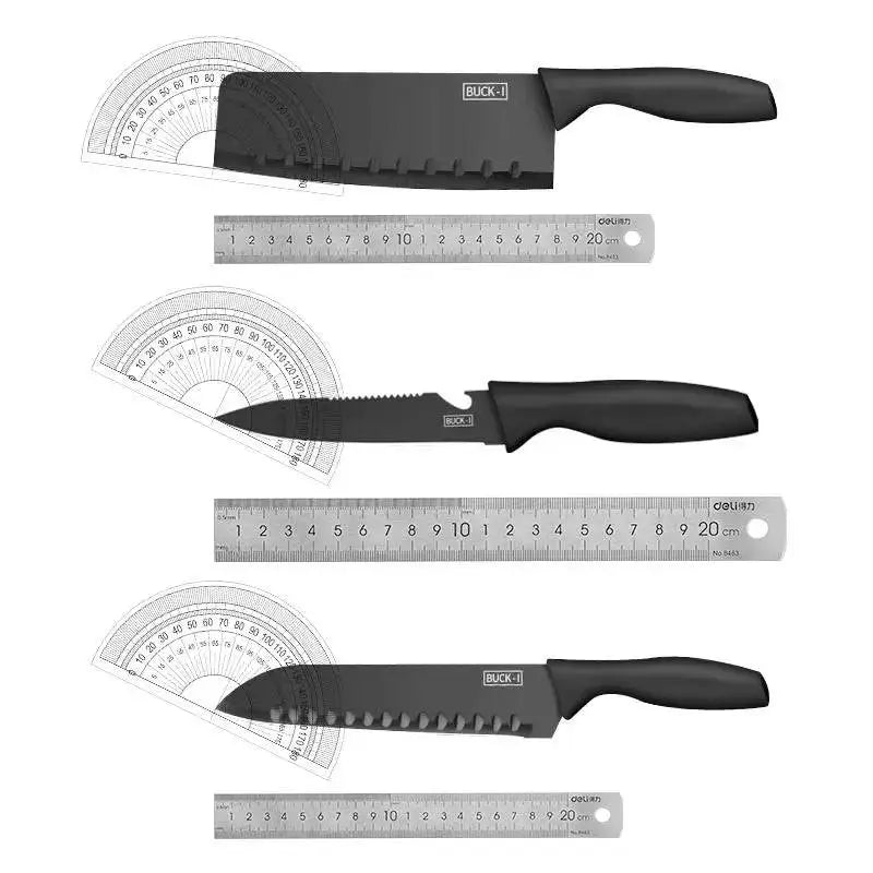 8 Pieces Knife Set - 8 Piece Knife Set | Razor-Sharp Knives Combo featuring three black-handled knives with rulers and protractors for size reference.