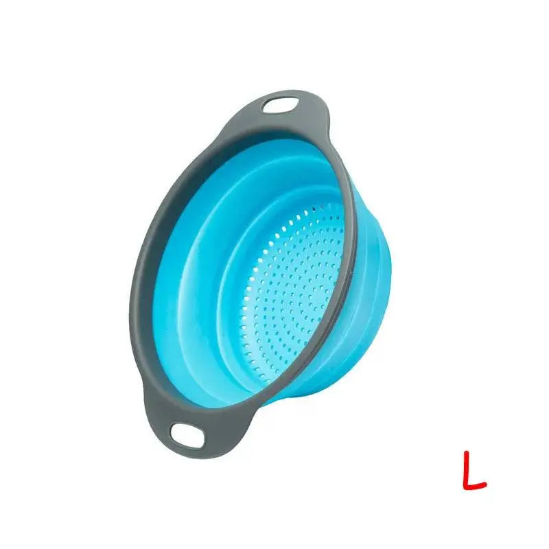 Large blue Round Folding Colander with gray handles, showcasing a durable, collapsible design for efficient kitchen use.