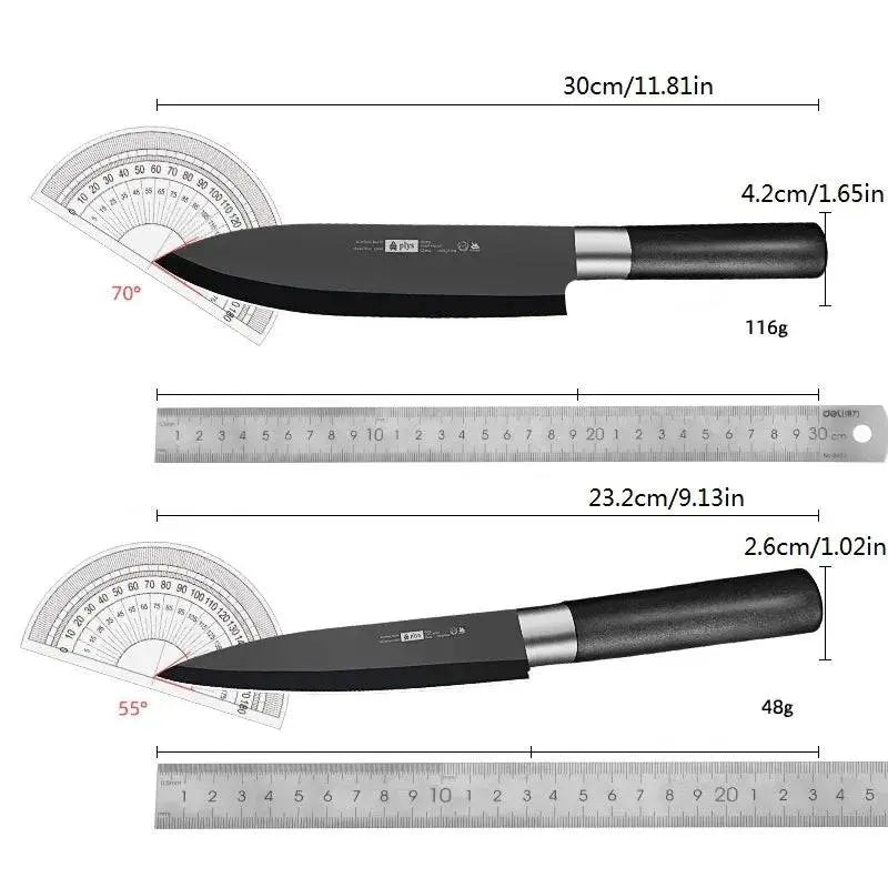 Chef's Fruit Knife size chart showing blade angles, lengths, and weights, highlighting precision slicing and stainless steel craftsmanship.