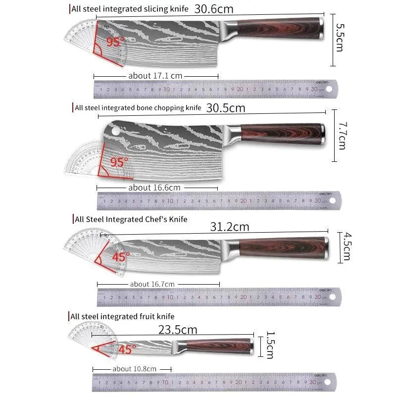 Measurement guide for Damascus Knife set for Fruit Cutting | Sharp & Stylish, detailing blade lengths and angles for precision cutting.