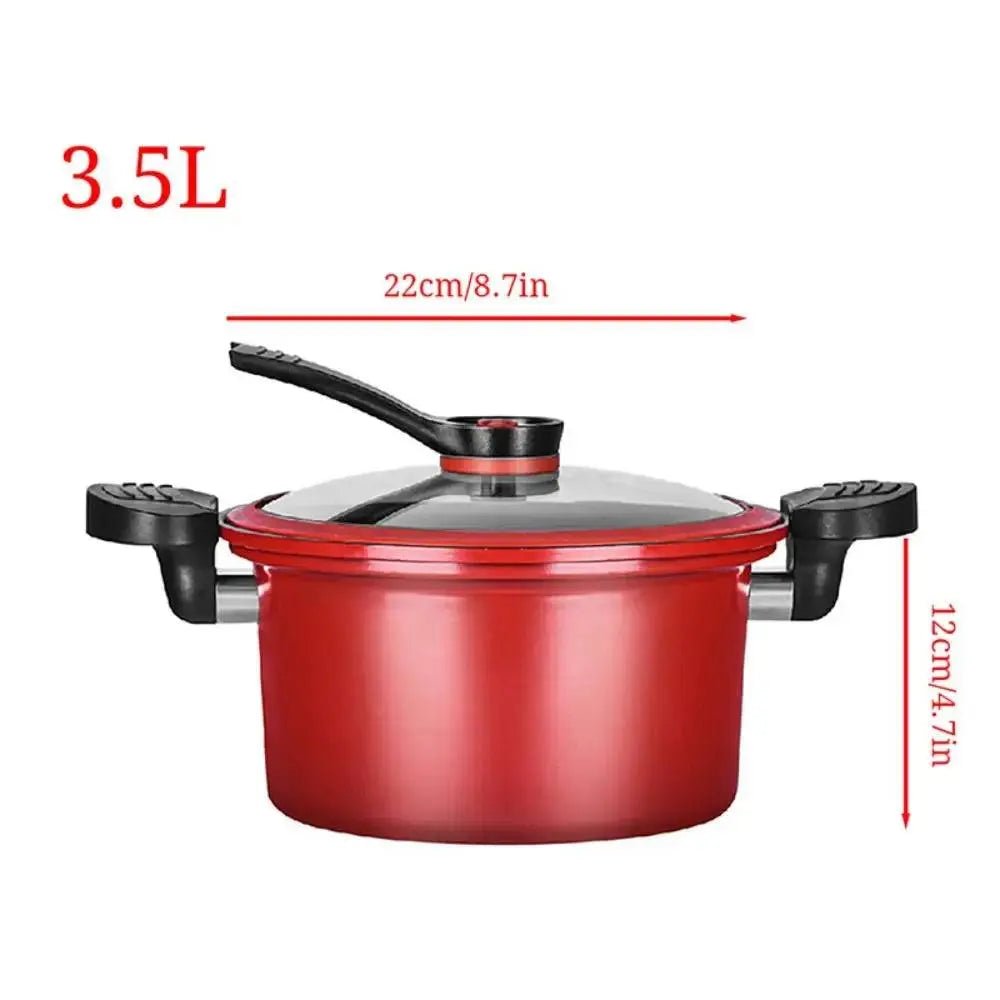 3.5L Pressure Cooker dimensions showing 22cm diameter and 12cm height, multifunctional non-stick cookware for induction and gas stoves.