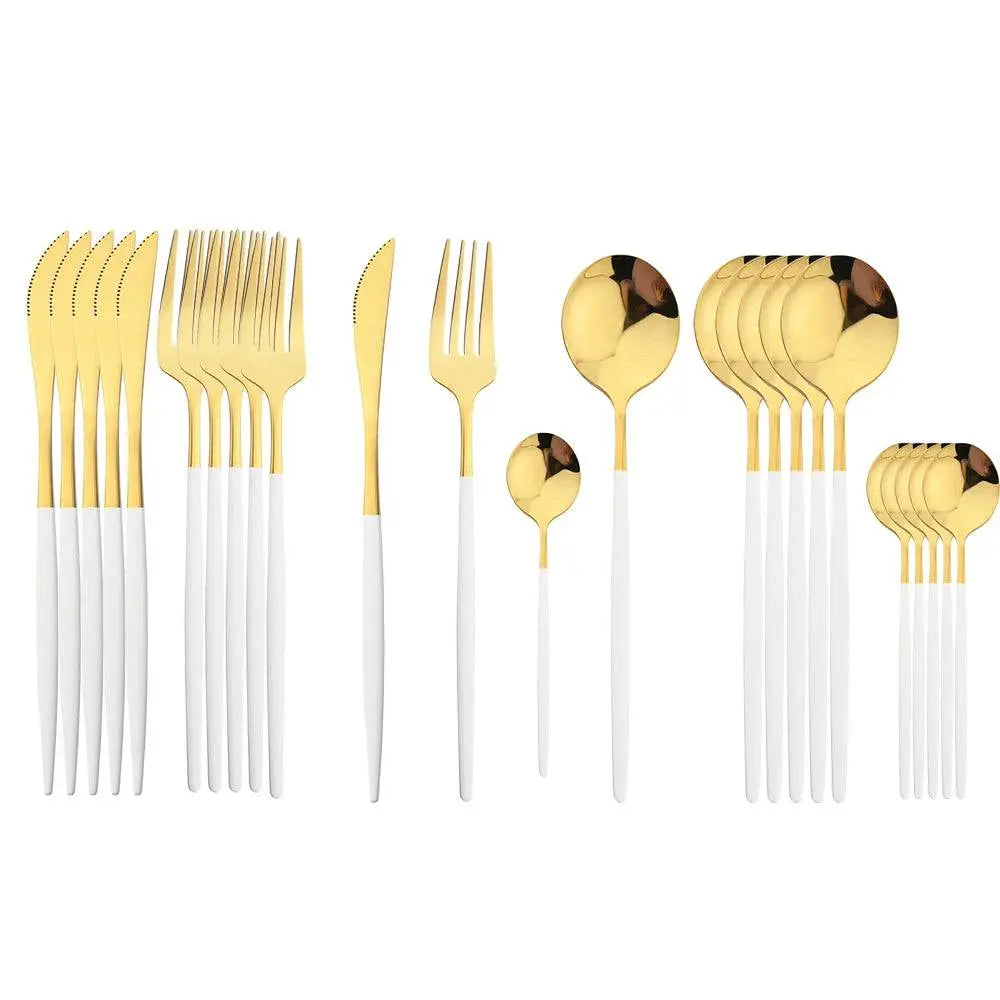 24 Pcs Black Handle Golden Cutlery Set featuring elegant gold stainless steel heads and sleek black handles, perfect for upscale dining experiences.