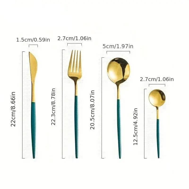 Detailed size chart of the 24-piece golden cutlery set with green handles, ideal for festive holiday dining.