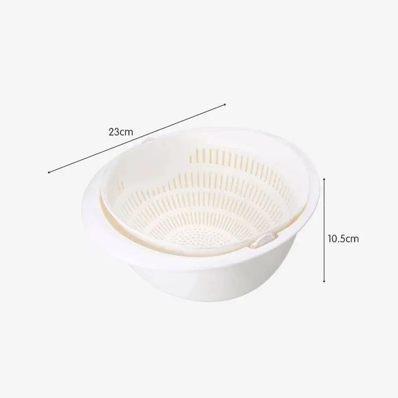 Rotatable Double Drain Basket - Efficient Kitchen Tool with 23cm diameter and 10.5cm height, ideal for washing fruits and vegetables.