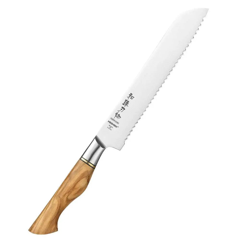 HEZHEN Knife Set - Sandvik Steel Knife Set featuring a serrated bread knife with durable olive wood handle, Buy 2 Get 1 Free limited offer.