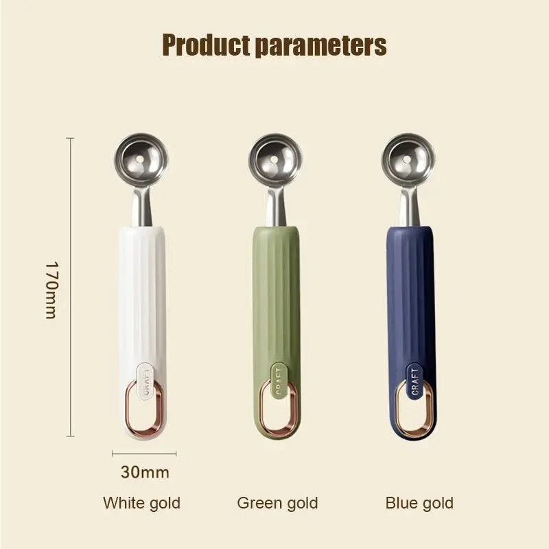 Stainless Steel Ball Scooper - Stainless Steel Scooper | Durable scooper available in white gold, green gold, and blue gold, with size dimensions shown.