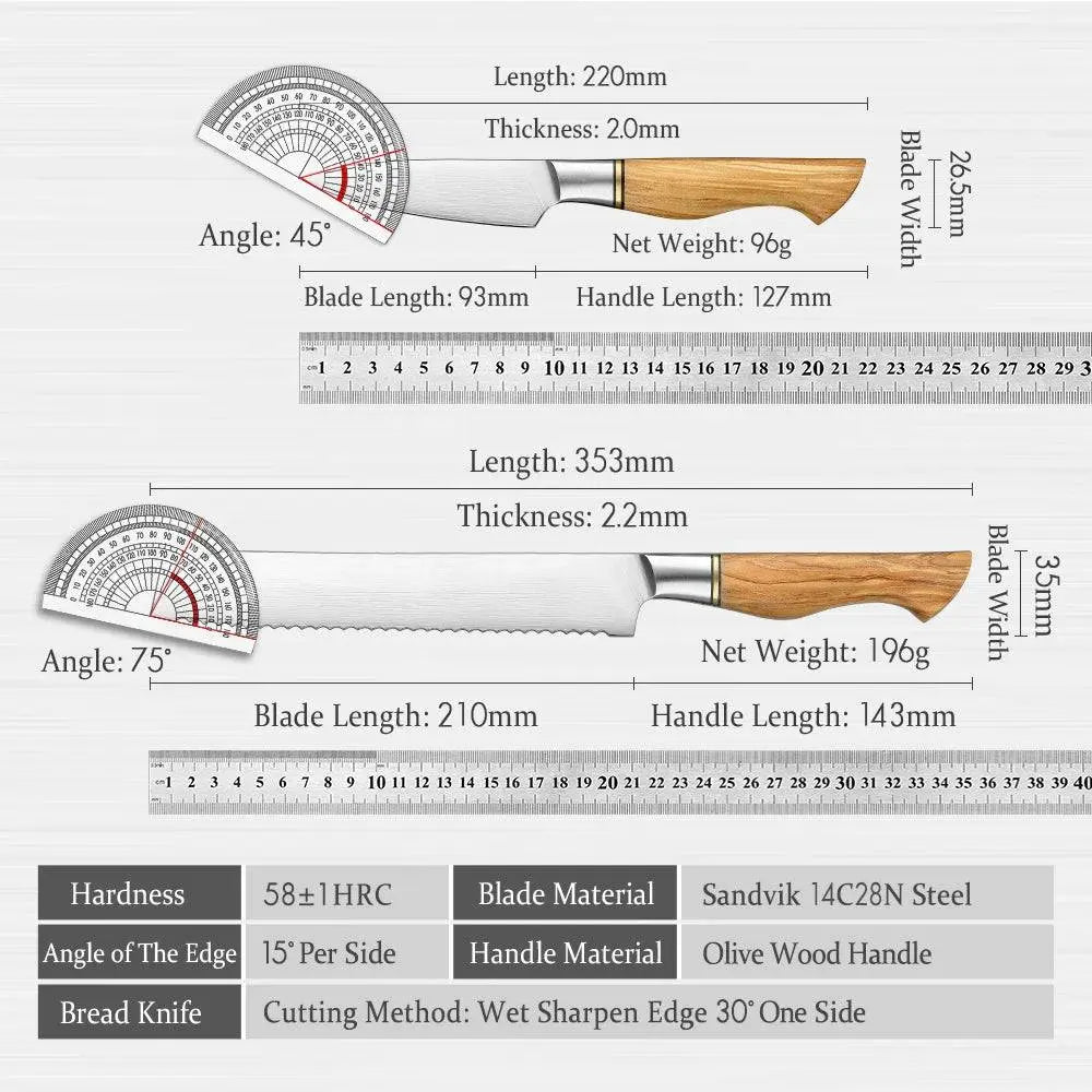 HEZHEN Knife Set - Sandvik Steel Knife Set detailed size chart for paring and bread knives with blade angles and measurements, Buy 2 Get 1 Free.