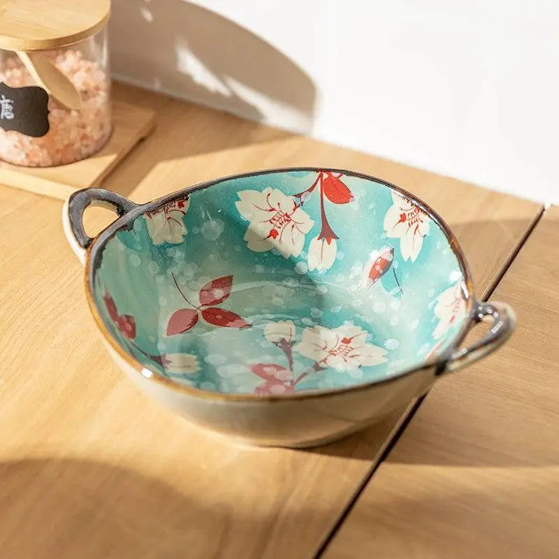 7.5-inch Japanese Noodle Bowl - Ceramic Masterpiece featuring a teal floral interior design, versatile for kitchen and dining use.