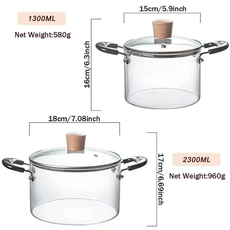 Transparent Glass Soup Pot - Heat-Resistant Cookware size comparison chart showing 1300ML and 2300ML options with dimensions and weights.