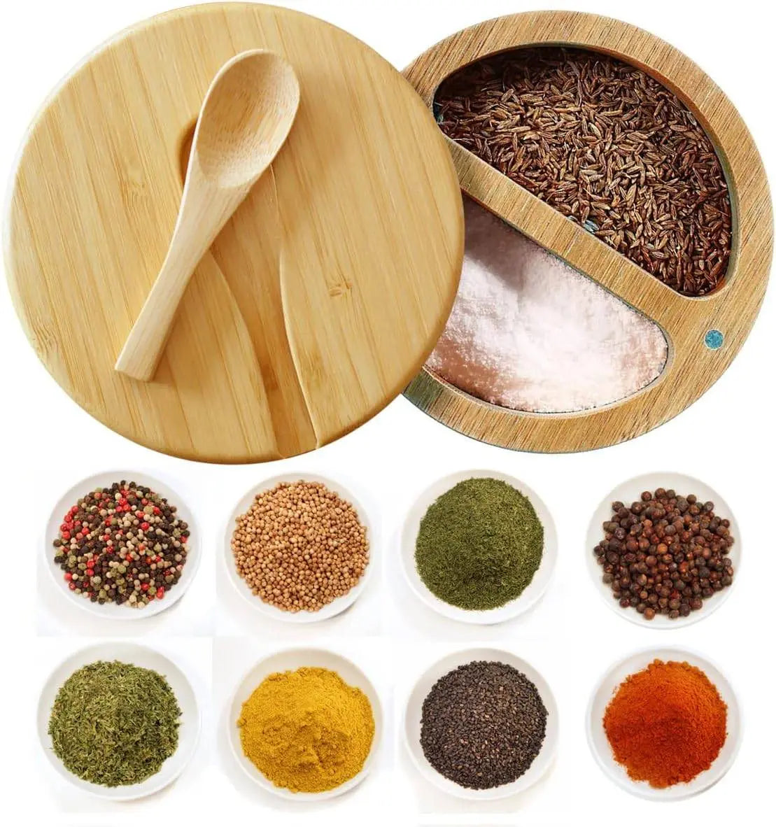 Top view of Bamboo Spice Container with Magnetic Lid filled with spices, featuring eco-friendly, space-saving kitchen design.