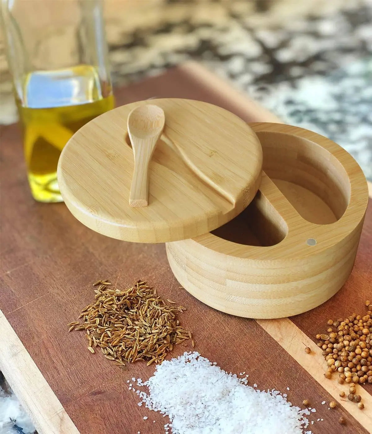 Open Bamboo Spice Container with Magnetic Lid showing dual compartments and spoon, perfect for eco-friendly spice storage.
