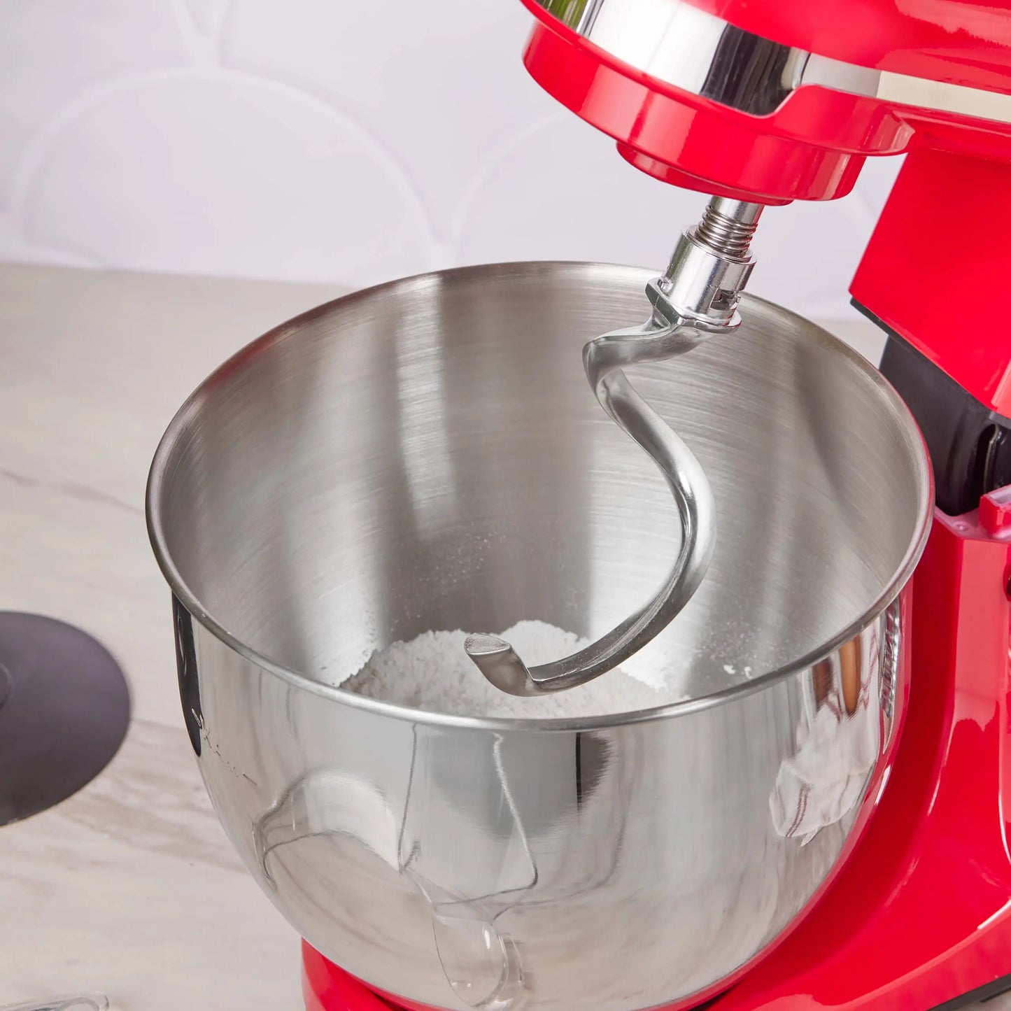 Close-up of BioloMix Food Stand Mixer - BioloMix Stand Mixer | 1200W, 6-Speed, Quiet Motor using dough hook attachment for kneading flour.