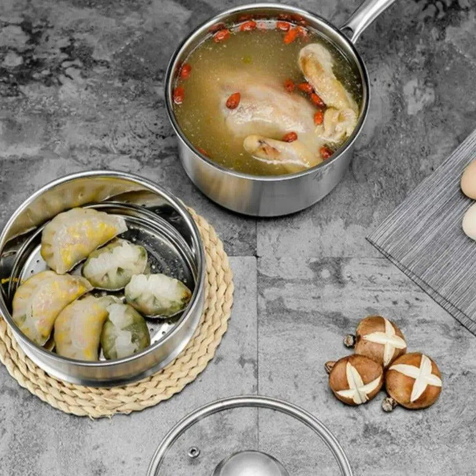 Durable Soup Pot - 316 Stainless Steel | Cookware shown cooking chicken soup and steaming dumplings, perfect for versatile kitchen use.
