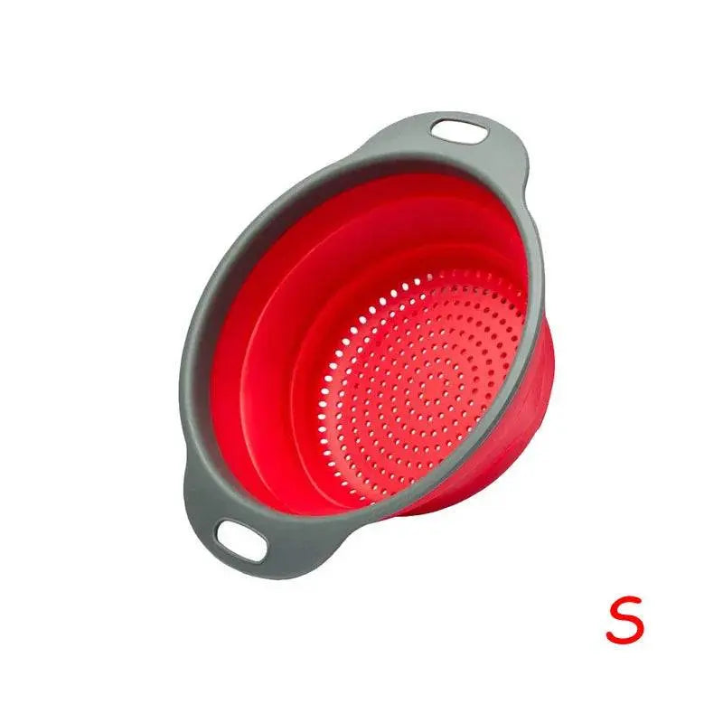 Small red Round Folding Colander with gray handles, ideal for washing fruits and vegetables with a collapsible, space-saving design.