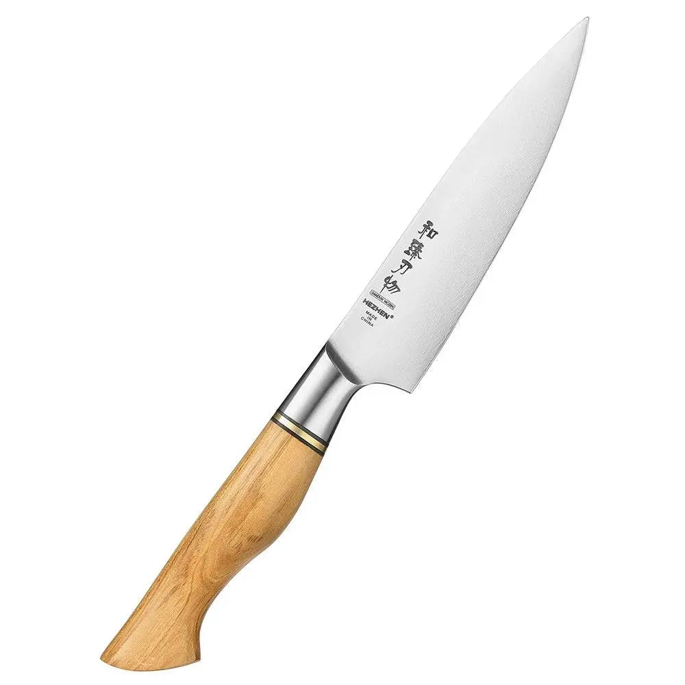 HEZHEN Knife Set - Sandvik Steel Knife Set highlighting a slicing knife with sharp blade and olive wood handle, Buy 2 Get 1 Free promotion.