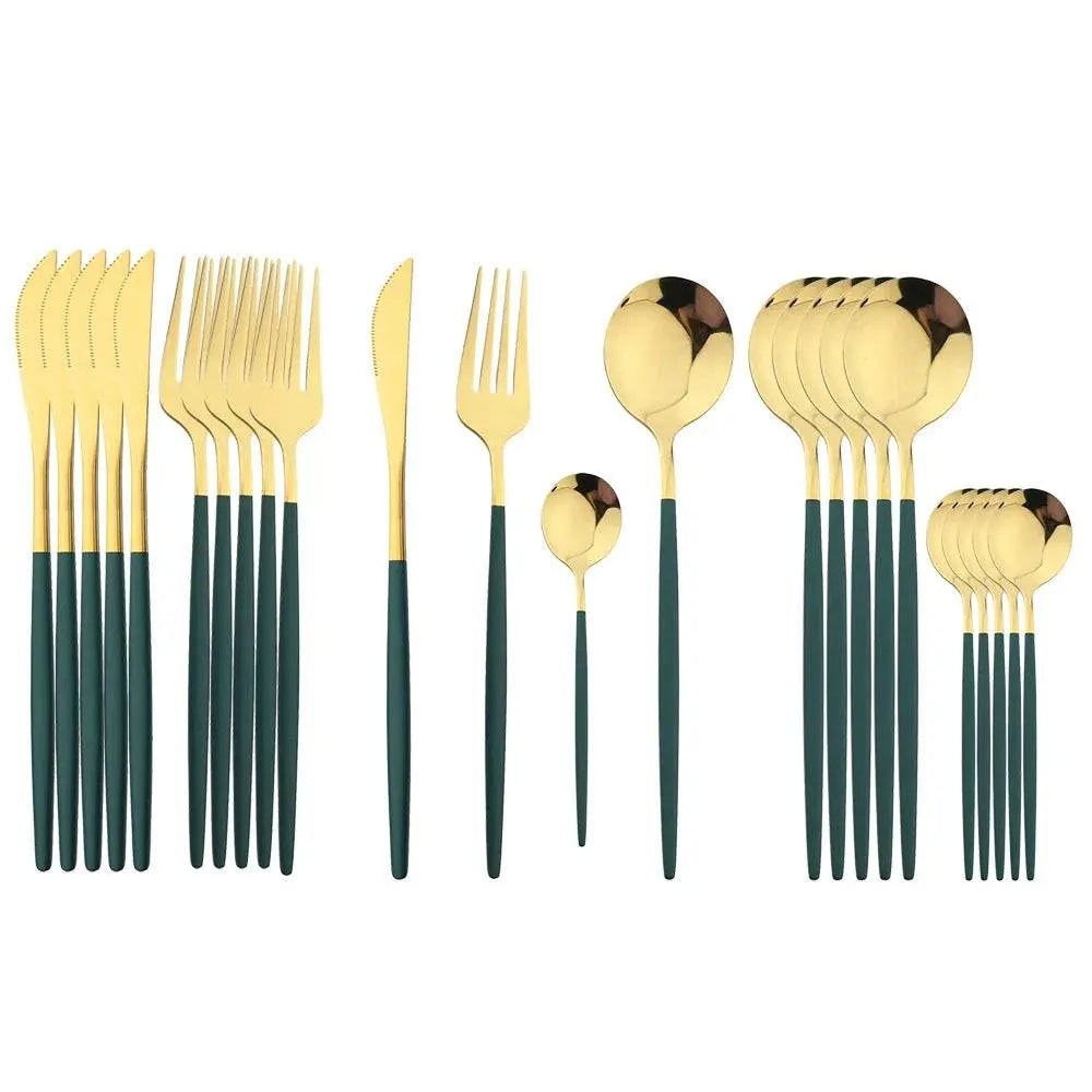 24 Pcs Black Handle Golden Cutlery Set featuring stainless steel knives, forks, and spoons with elegant black handles and shiny gold heads.
