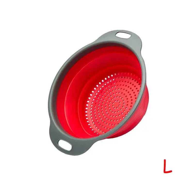 Large red Round Folding Colander with gray handles, perfect for efficient straining and easy storage in modern kitchens.