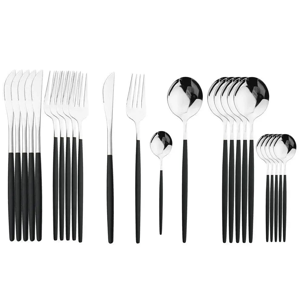 24 Pcs Black Handle Golden Cutlery Set featuring stainless steel knives, forks, and spoons with sleek black handles, perfect for elegant dining.