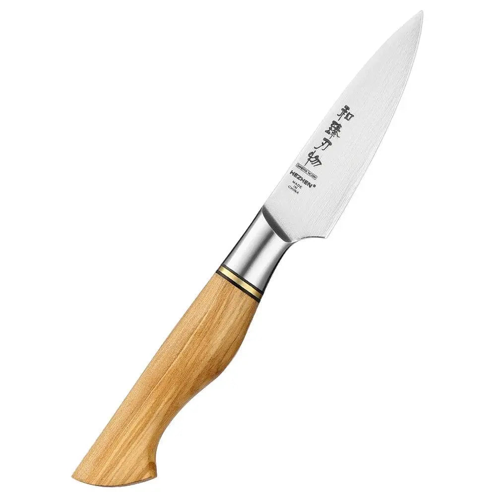 HEZHEN Knife Set - Sandvik Steel Knife Set showing a paring knife with precision blade and ergonomic olive wood handle, Buy 2 Get 1 Free.