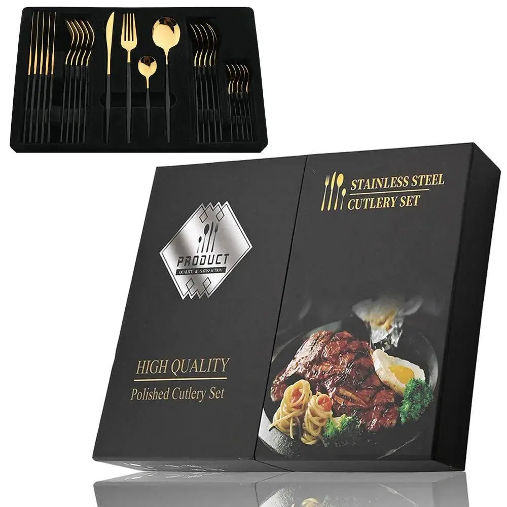 24 Pcs Black Handle Golden Cutlery Set featuring stainless steel utensils with sleek black handles and golden heads, displayed in a black tray.