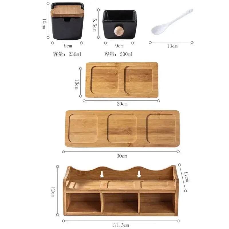Minimalist Ceramic Spice Jar with Bamboo Lid | Compact & Airtight product dimensions chart showing sizes of jars, trays, and racks.