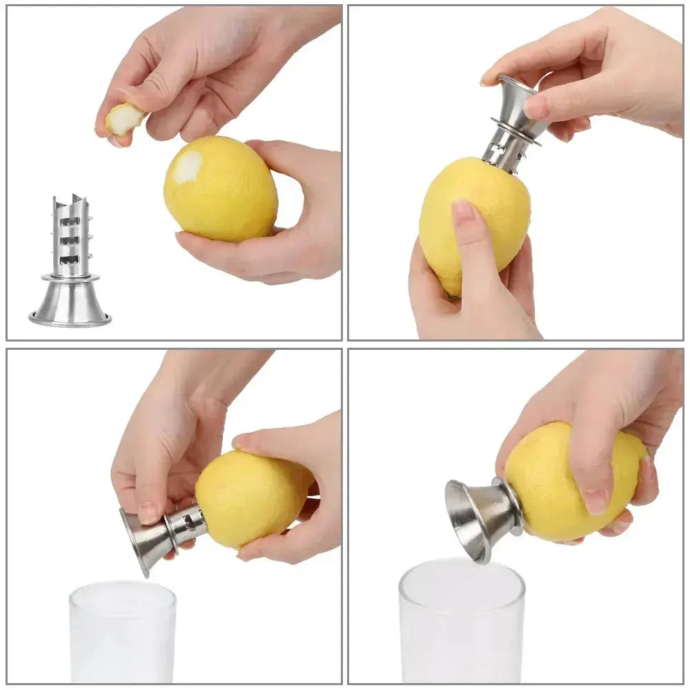 Handheld Lemon Squeezer - Easy Juicing | Durable Design step-by-step usage guide showing peeling, inserting, squeezing, and pouring fresh lemon juice.