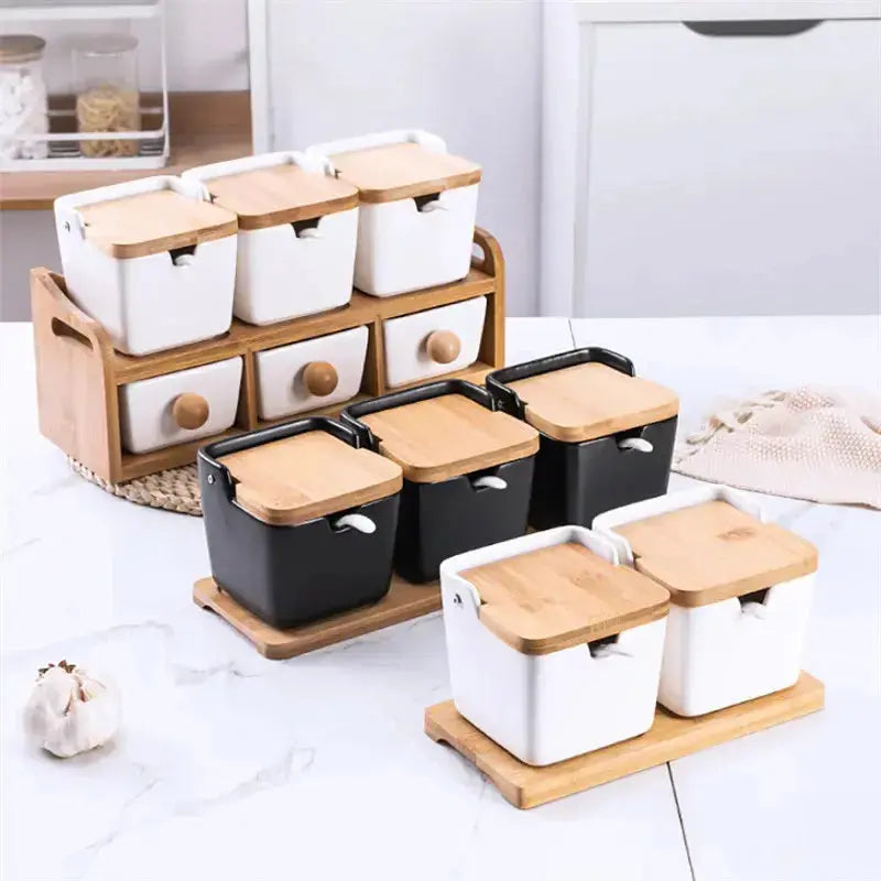 Minimalist Ceramic Spice Jar with Bamboo Lid | Compact & Airtight collection in black and white variants displayed with bamboo trays and racks.
