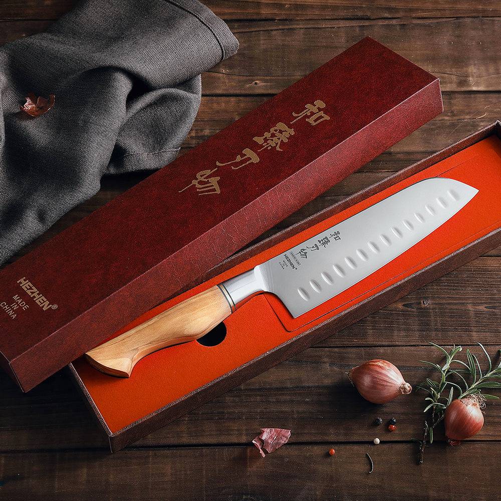 HEZHEN Knife Set - Sandvik Steel Knife Set displayed in premium red gift box with olive wood handle, perfect for gifting, Buy 2 Get 1 Free.