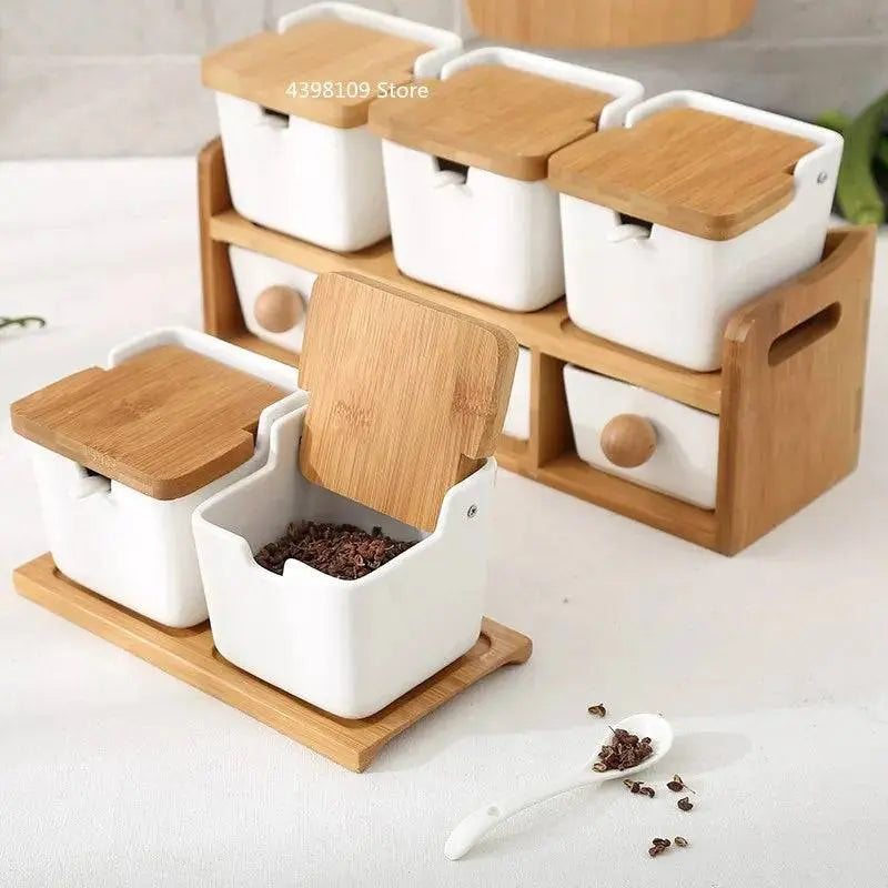 Minimalist Ceramic Spice Jar with Bamboo Lid | Compact & Airtight white spice jars with bamboo lids, one open showing spices inside.
