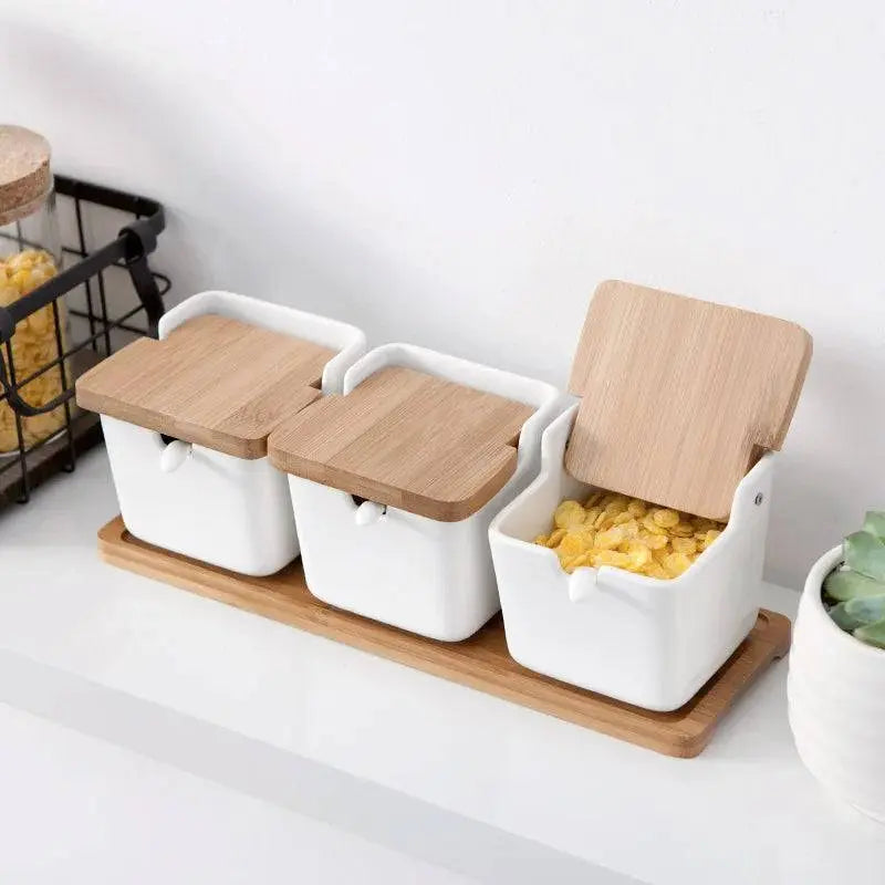 Minimalist Ceramic Spice Jar with Bamboo Lid | Compact & Airtight spice jars filled with cereal, displayed on a white kitchen counter.