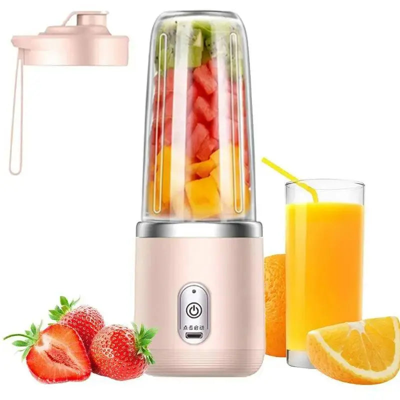 Light pink Portable Electric Juicer - Fresh Smoothies On-The-Go with fruits and orange juice, USB chargeable and compact design.