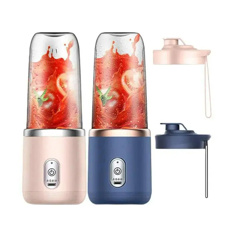 Set of navy blue and light pink Portable Electric Juicers - Fresh Smoothies On-The-Go with matching sports cup covers for convenience.