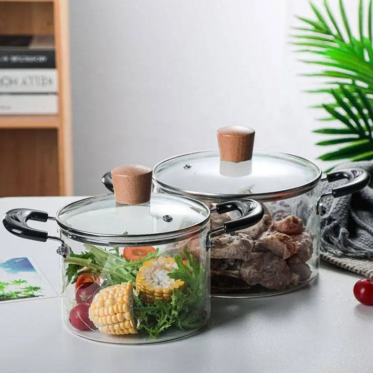 Transparent Glass Soup Pot - Heat-Resistant Cookware featuring two clear pots with wooden lids and black handles, ideal for soups and salads.