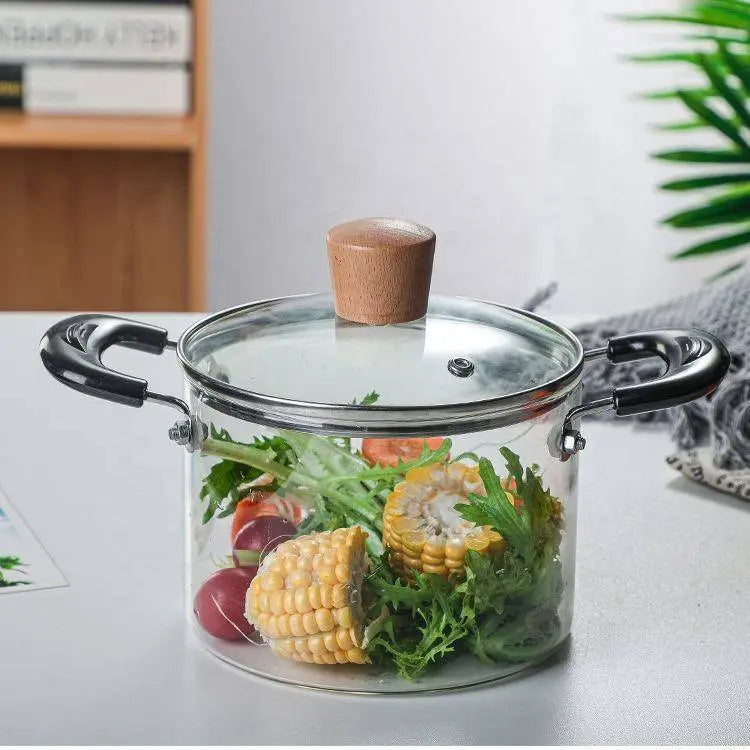 Transparent Glass Soup Pot - Heat-Resistant Cookware filled with fresh vegetables and corn, showcasing its clear design for healthy meal prep.