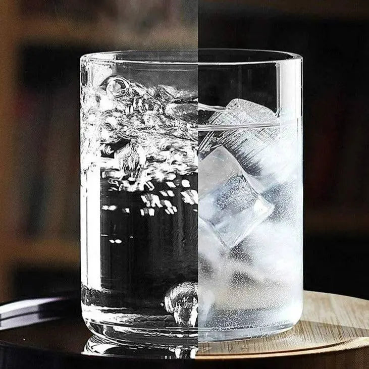 BPA-Free Borosilicate Glasses Set - Durable, Stylish displaying a clear glass filled with water and ice cubes, emphasizing clarity and strength.
