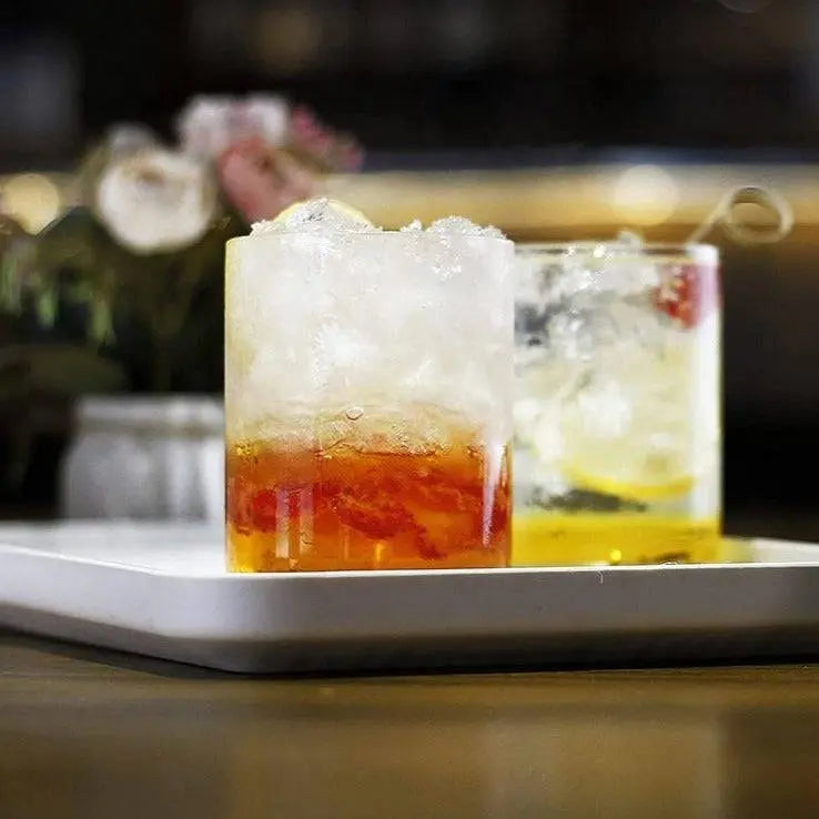 BPA-Free Borosilicate Glasses Set - Durable, Stylish featuring colorful cocktails with crushed ice, ideal for everyday and party use.