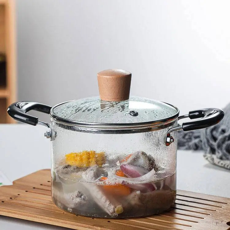 Transparent Glass Soup Pot - Heat-Resistant Cookware steaming with mixed vegetables and meat, emphasizing its durability and heat resistance.